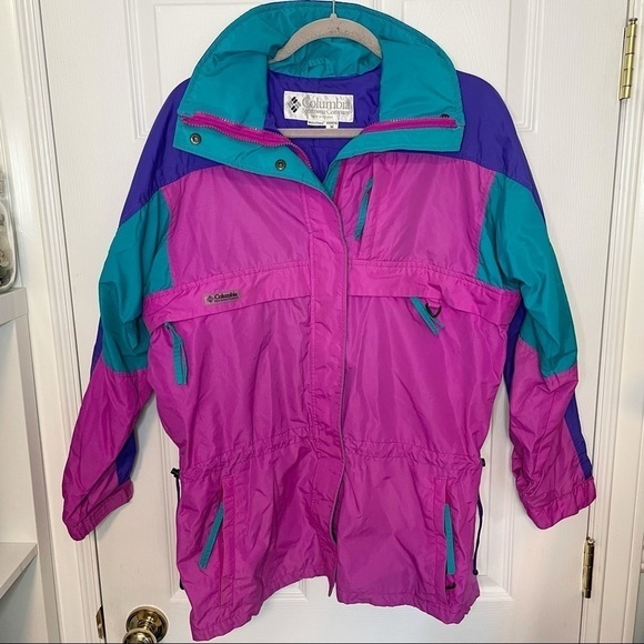 COLUMBIA Vintage Multicolour Retro Neon Pink Long Jacket Coat Medium - Picture 1 of 6